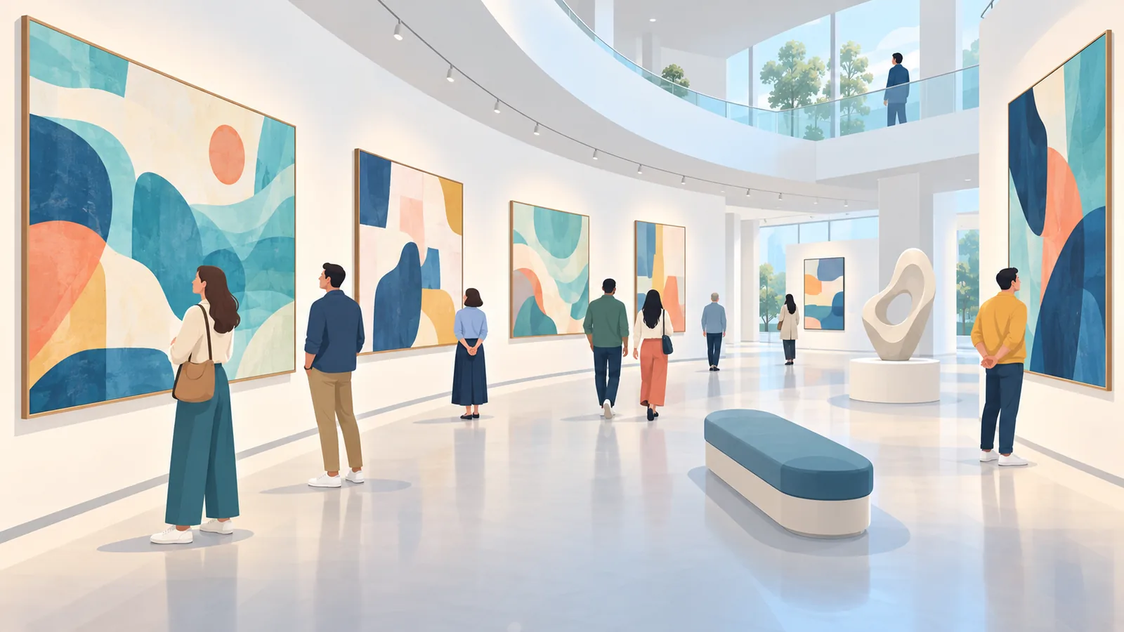 Visitatori in una luminosa galleria di arte moderna