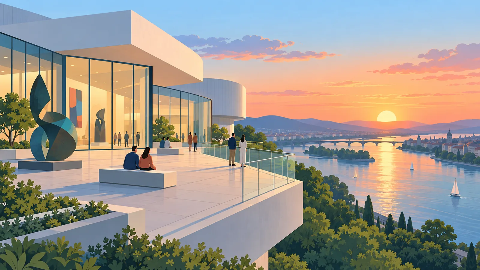 Museo di arte contemporanea con terrazza panoramica sul fiume al tramonto