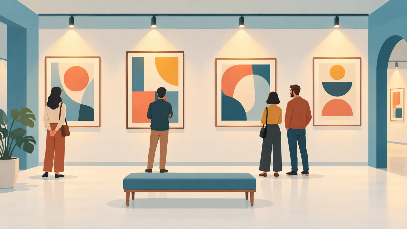 Piccola galleria indipendente con visitatori che osservano opere incorniciate