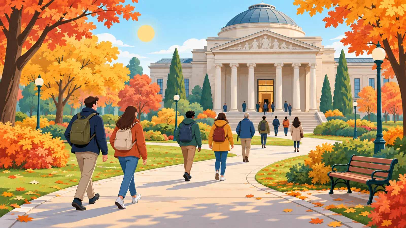 Turisti che attraversano un sentiero nel parco diretti verso un museo in una giornata di sole