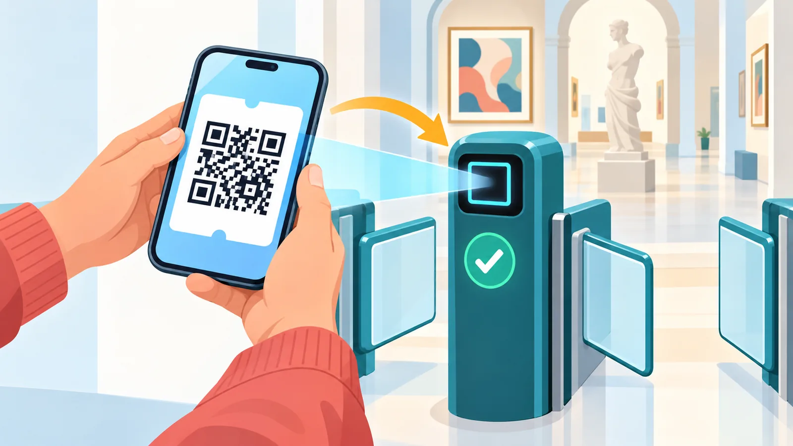 Mani che mostrano un biglietto con codice QR sullo smartphone all’ingresso di un museo