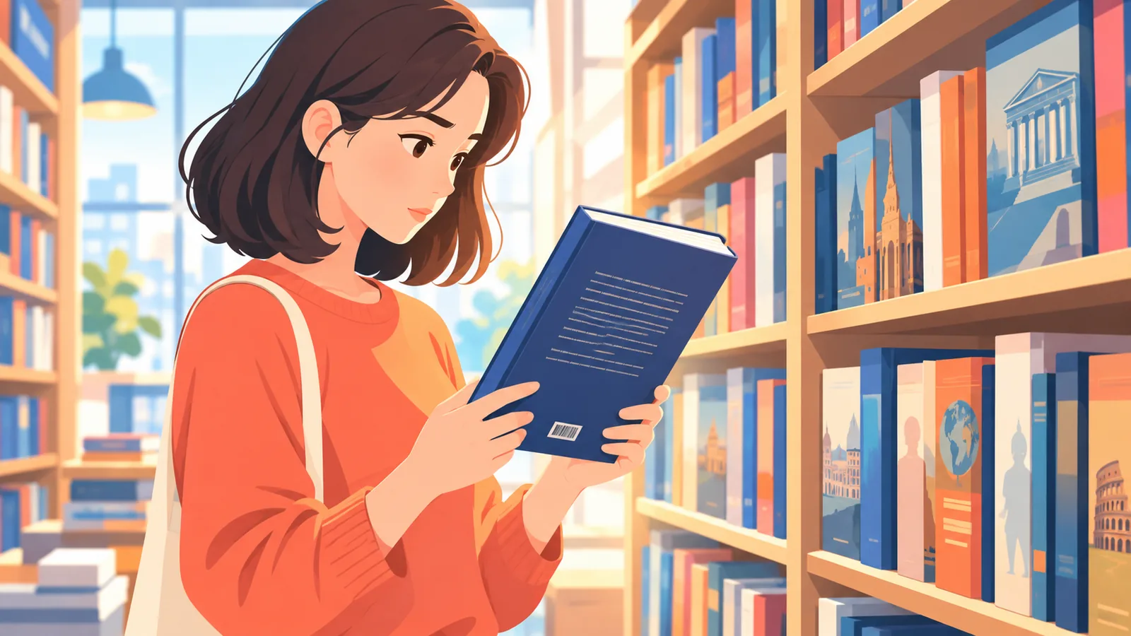 Lettore in libreria che sceglie un libro di storia tra gli scaffali