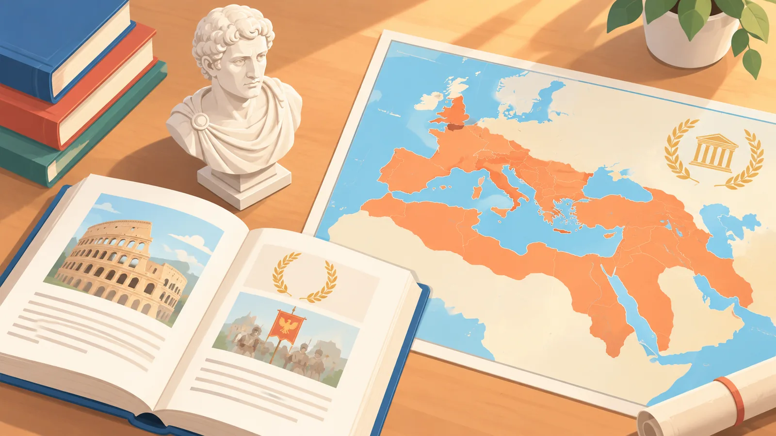 Libro aperto con busto romano e mappa dell'impero sulla scrivania