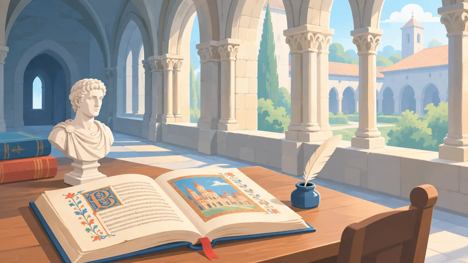 Chiostro medievale con manoscritto miniato su un tavolo di lettura