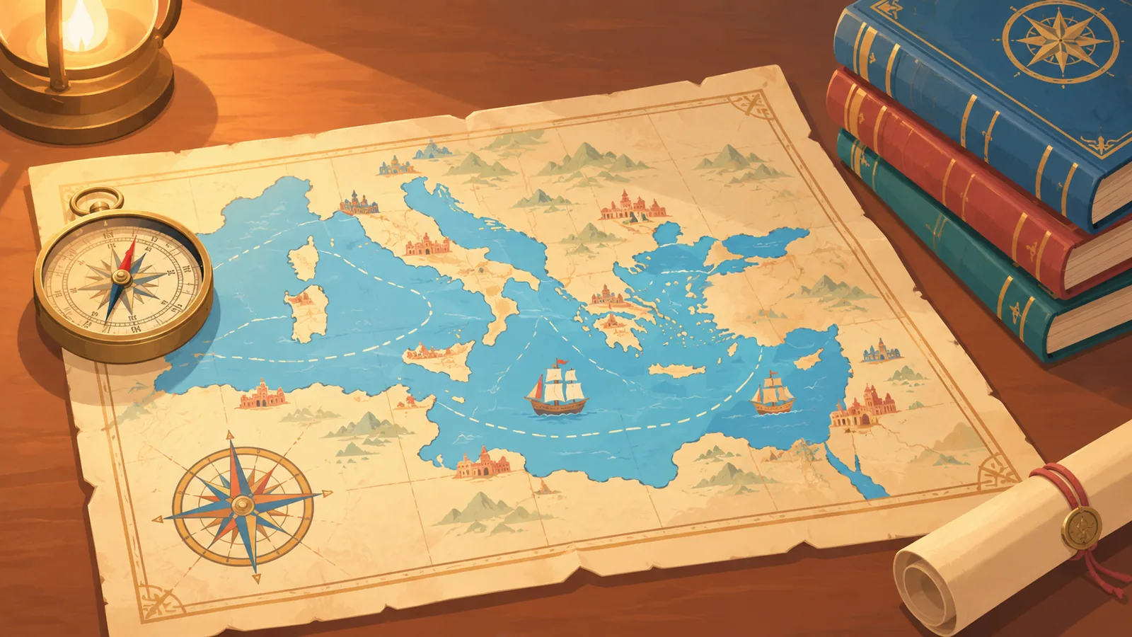 Antica carta nautica del Mediterraneo con bussola e libri
