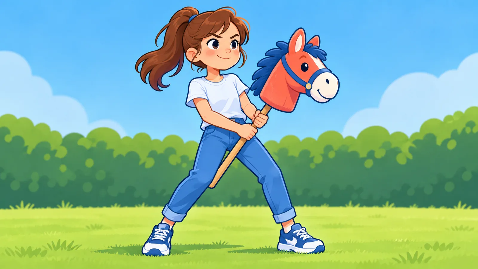 Ragazzo con un hobby horse colorato in un giardino soleggiato