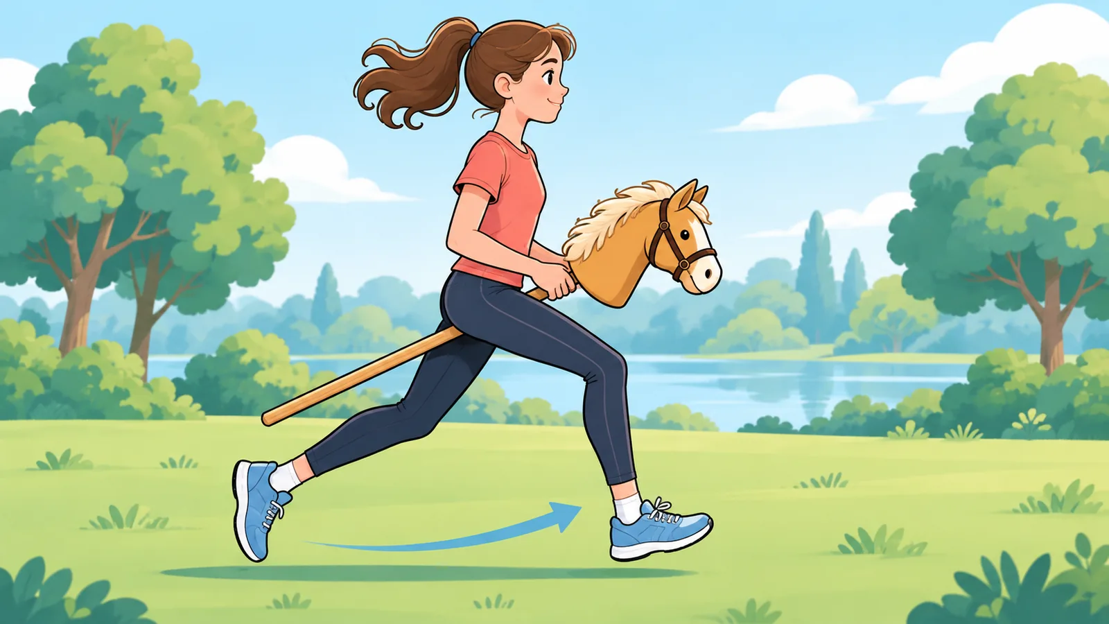 Ragazzo che corre con il busto stabile e l’hobby horse tra le gambe
