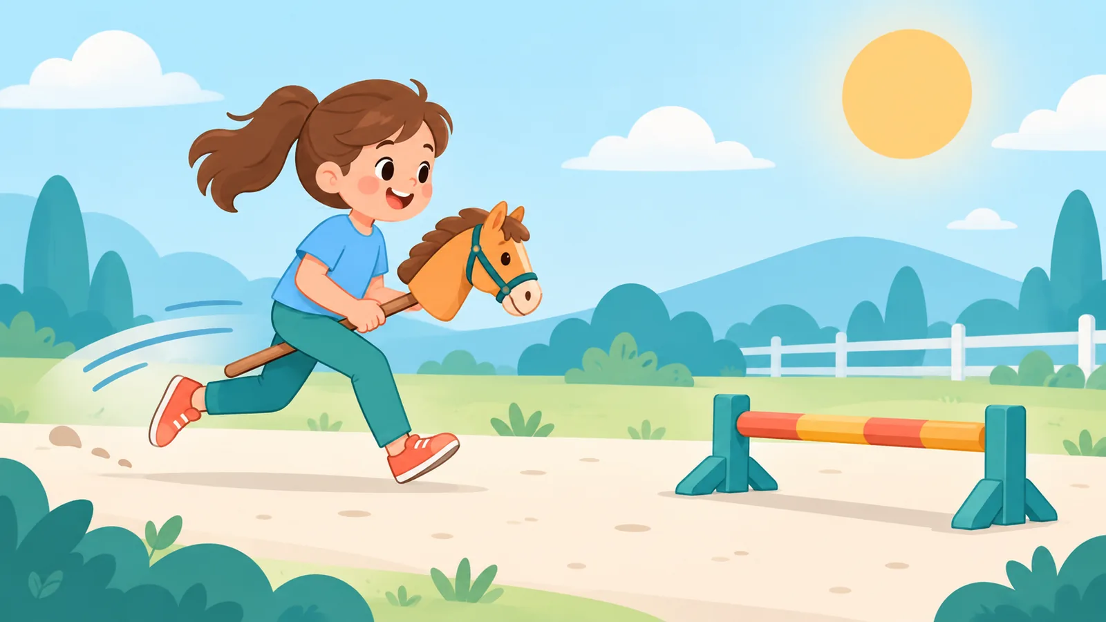 Bambino che galoppa verso un ostacolo basso con l’hobby horse