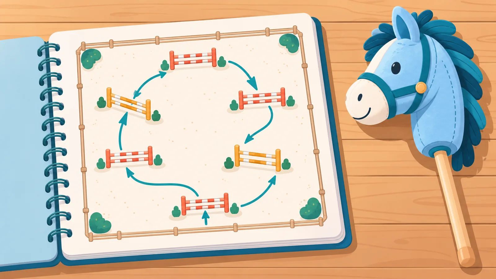 Quaderno con schema di percorso accanto a un hobby horse