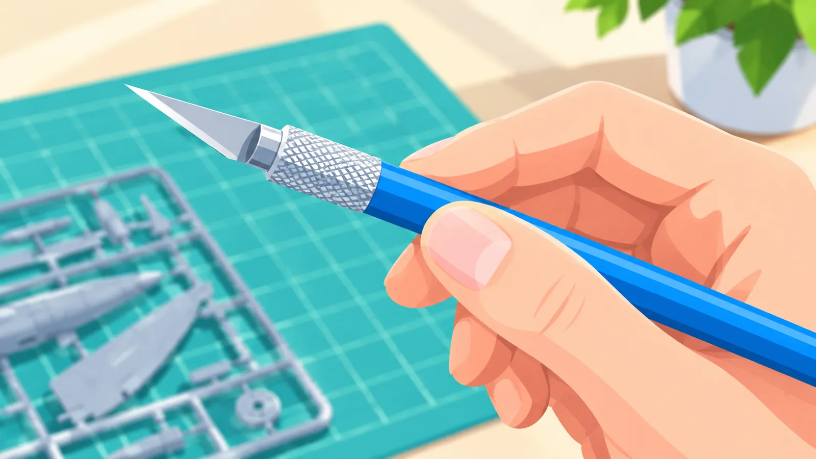 Mano che impugna un cutter a penna come una matita