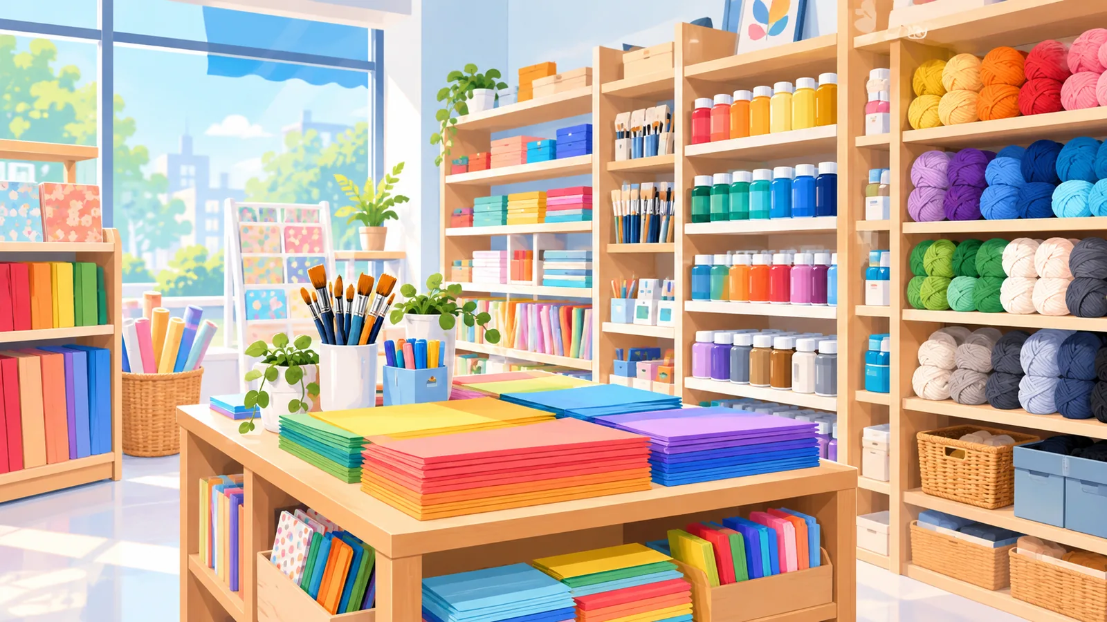 Scaffali ordinati di materiali creativi in un negozio di hobbistica