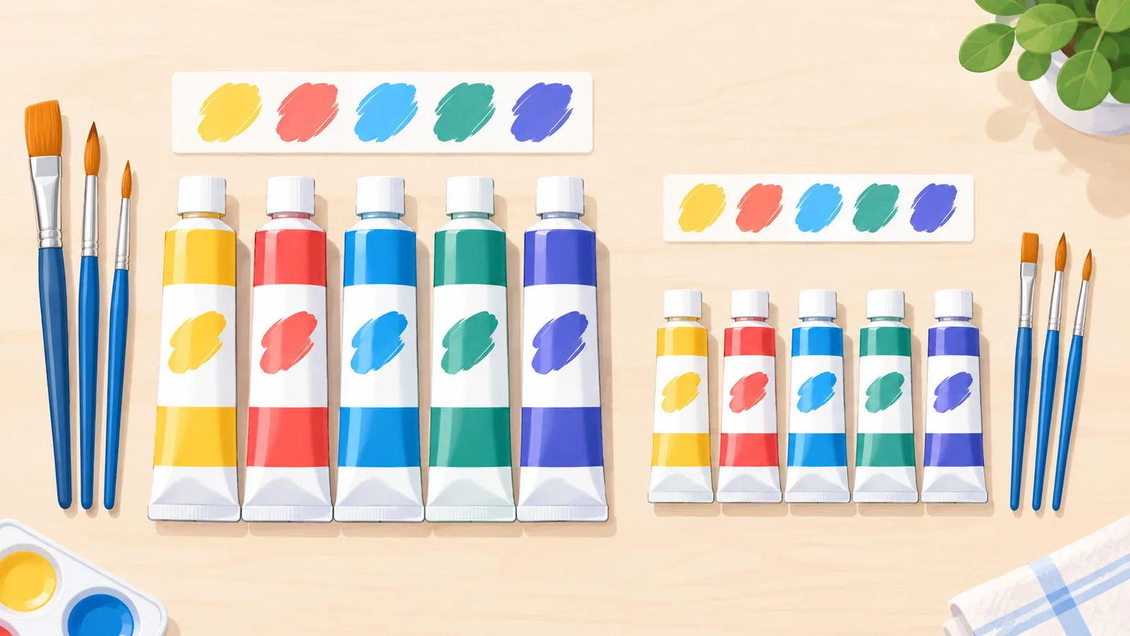 Confronto di confezioni di colori e pennelli sul banco