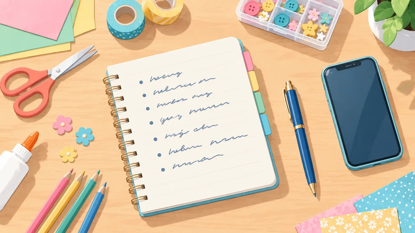 Checklist scritta a mano su un taccuino accanto ai materiali
