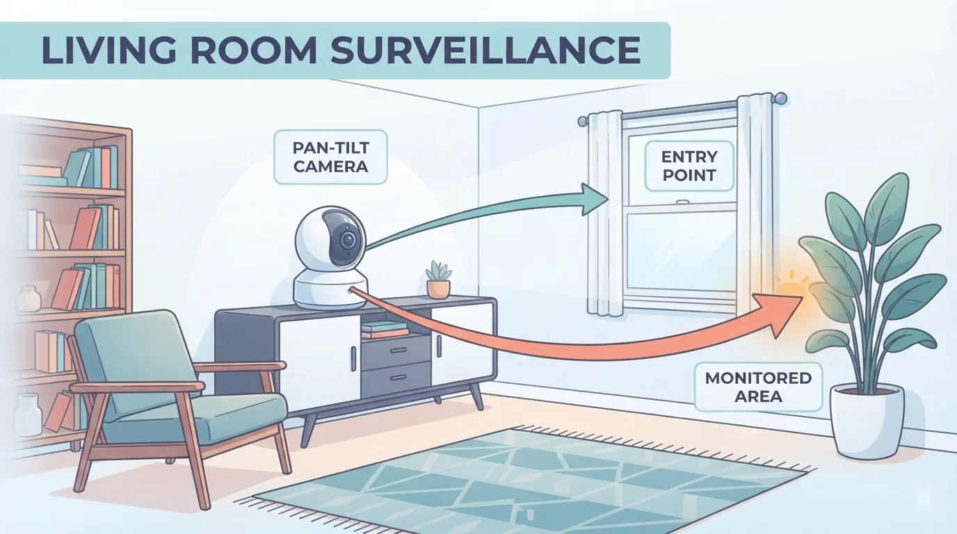 Telecamera orientabile da interno in un soggiorno moderno
