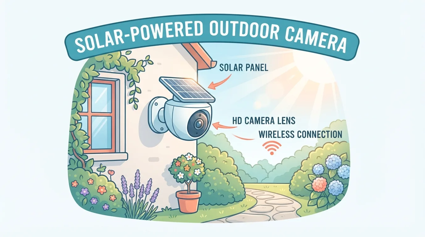 Telecamera solare da esterno montata sulla parete di casa in giardino