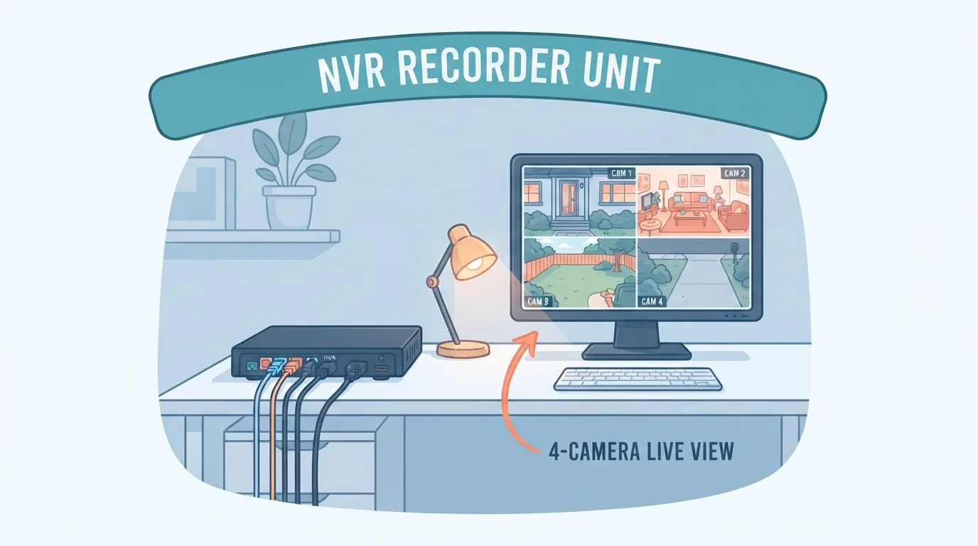 Registratore NVR con monitor che mostra quattro telecamere