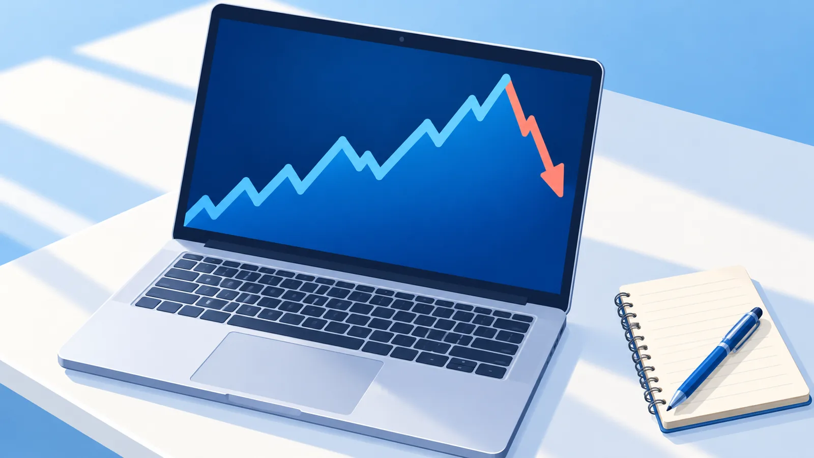 Scrivania con laptop, grafici generici di borsa e taccuino per analizzare gli ETF