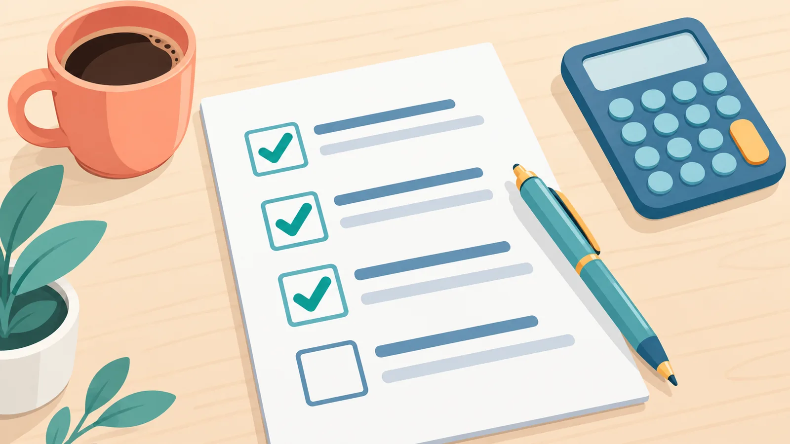 Checklist cartacea con penna sulla scrivania con i criteri di scelta di un ETF