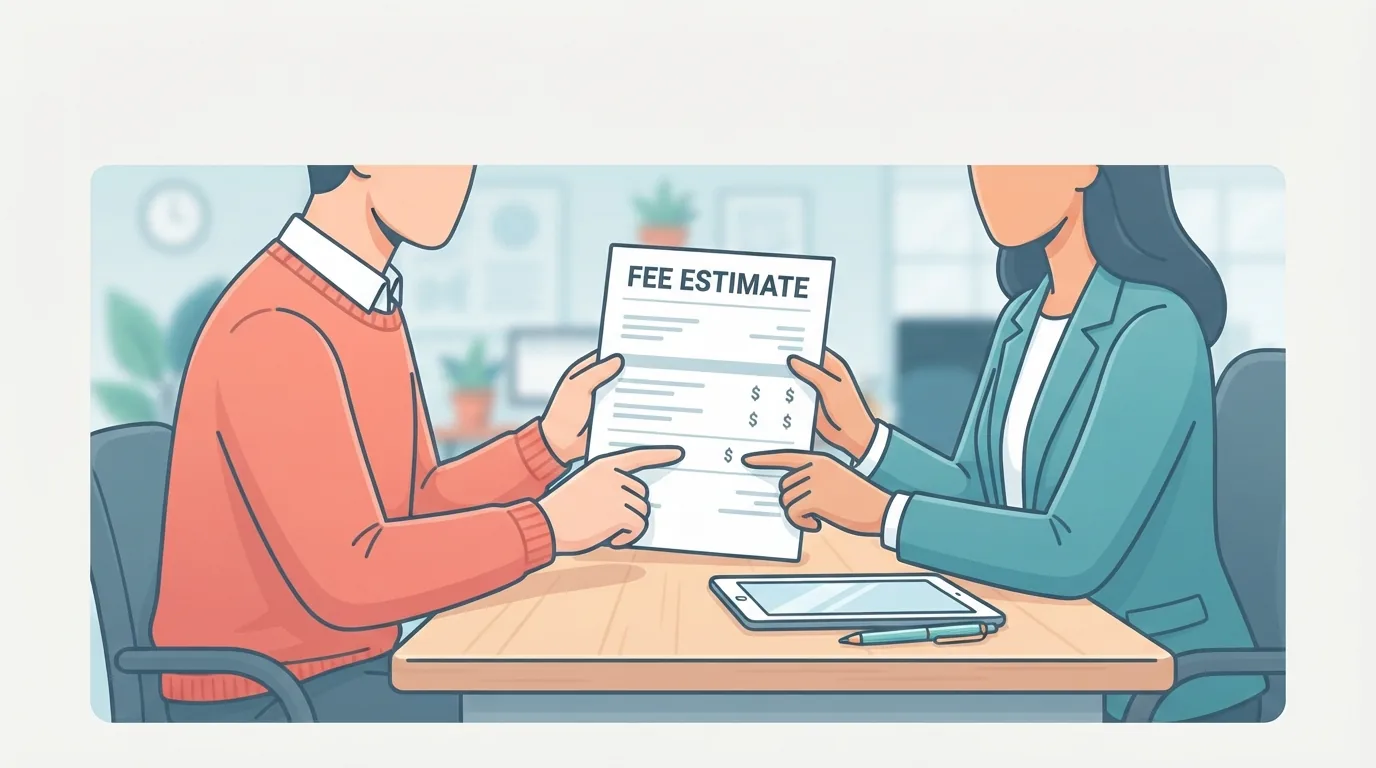 Cliente e avvocato che esaminano un preventivo scritto sopra una scrivania