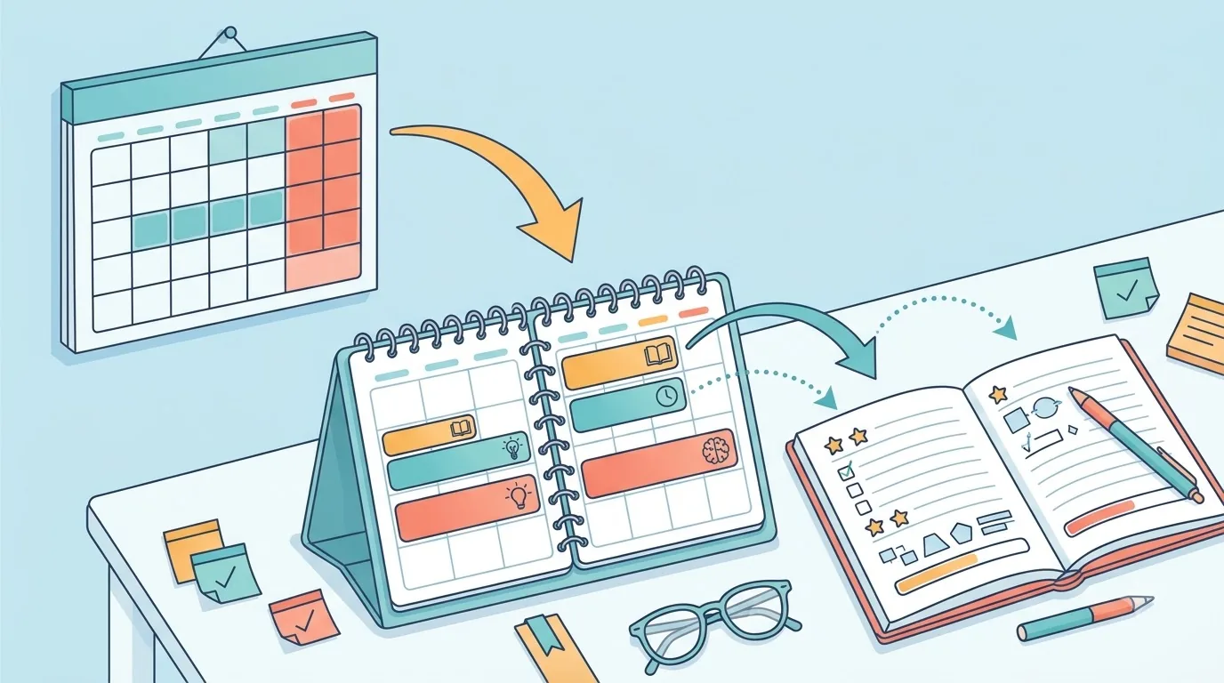 Calendario e planner con blocchi di studio settimanali