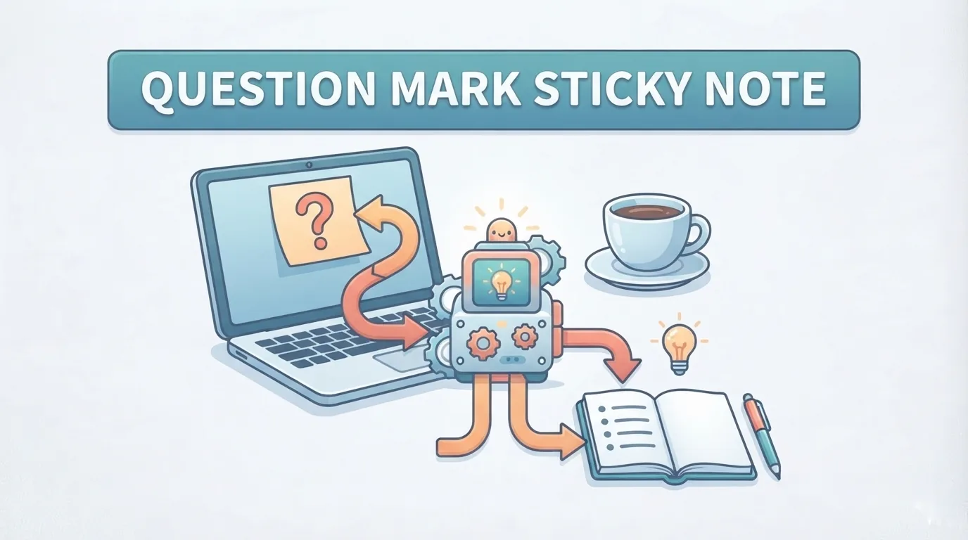 Post-it con punto interrogativo accanto a laptop e quaderno