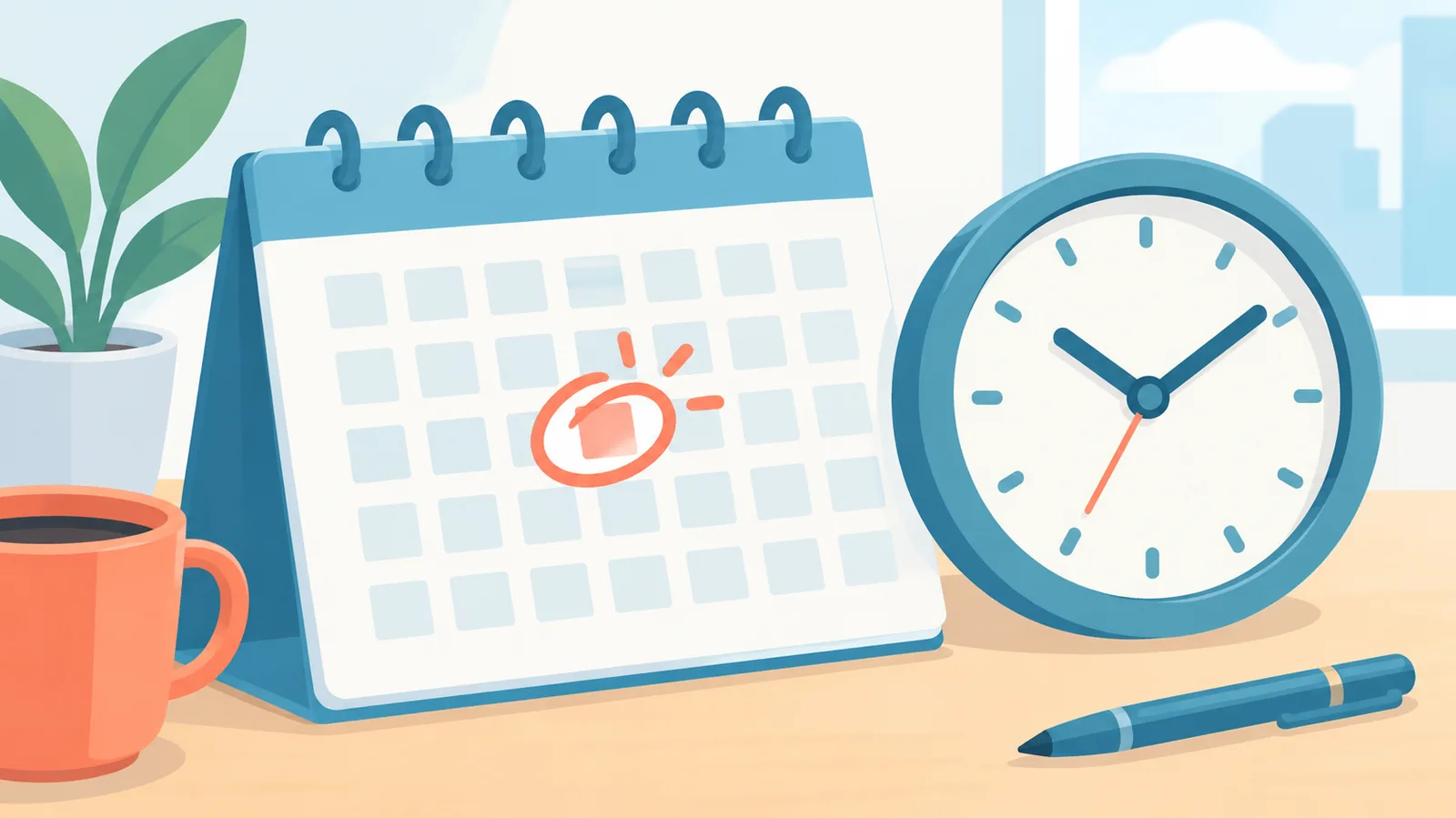 Calendario con una scadenza cerchiata e un orologio