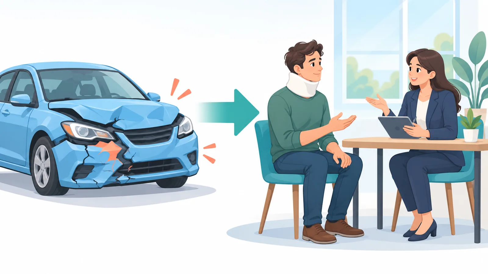 Persona con collare cervicale che parla con un consulente accanto a un’auto danneggiata