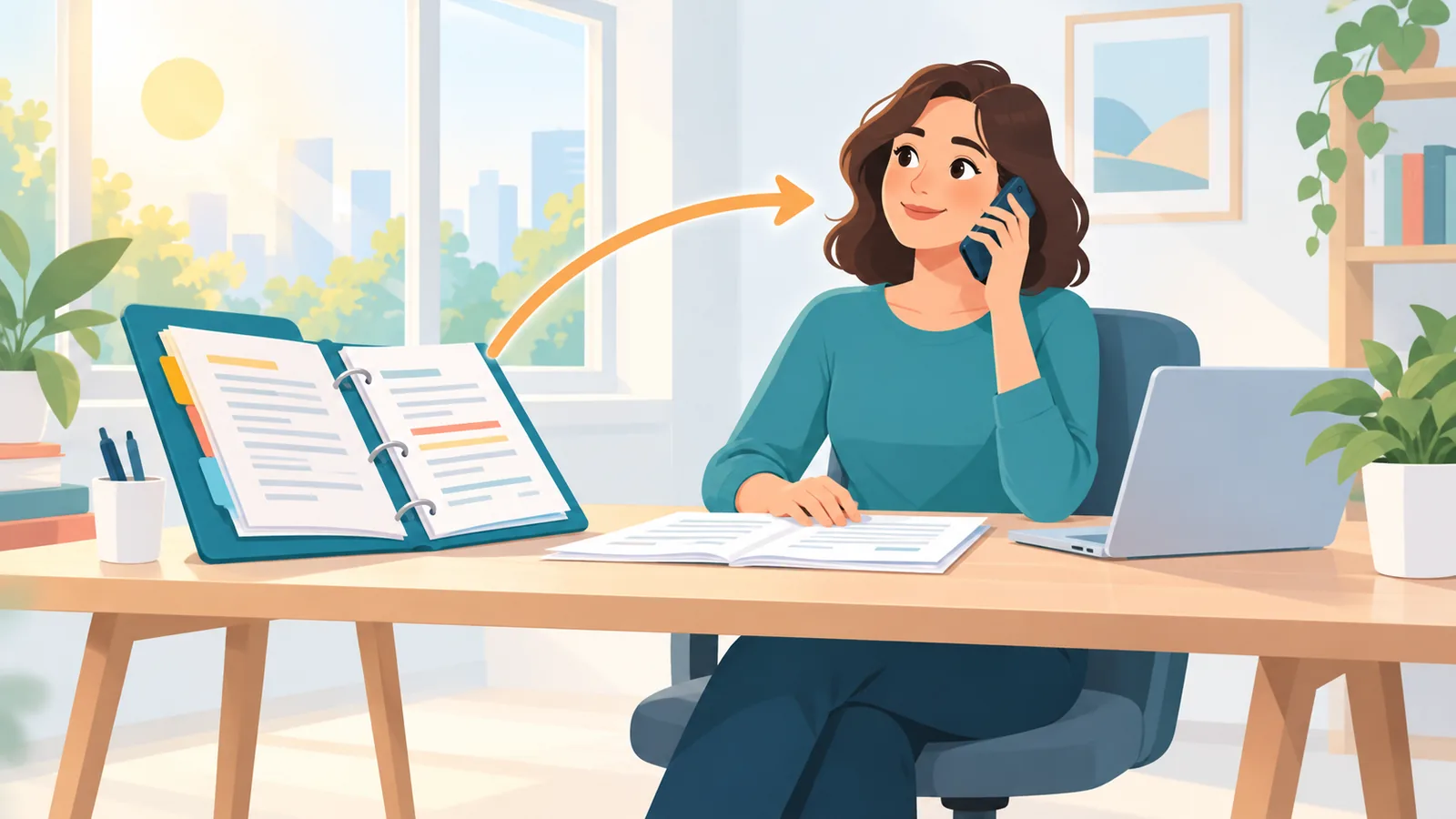 Persona al telefono con la cartella dei documenti pronta
