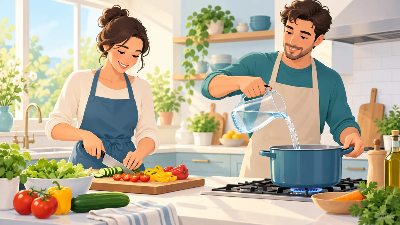 Coppia che prepara la cena insieme in cucina