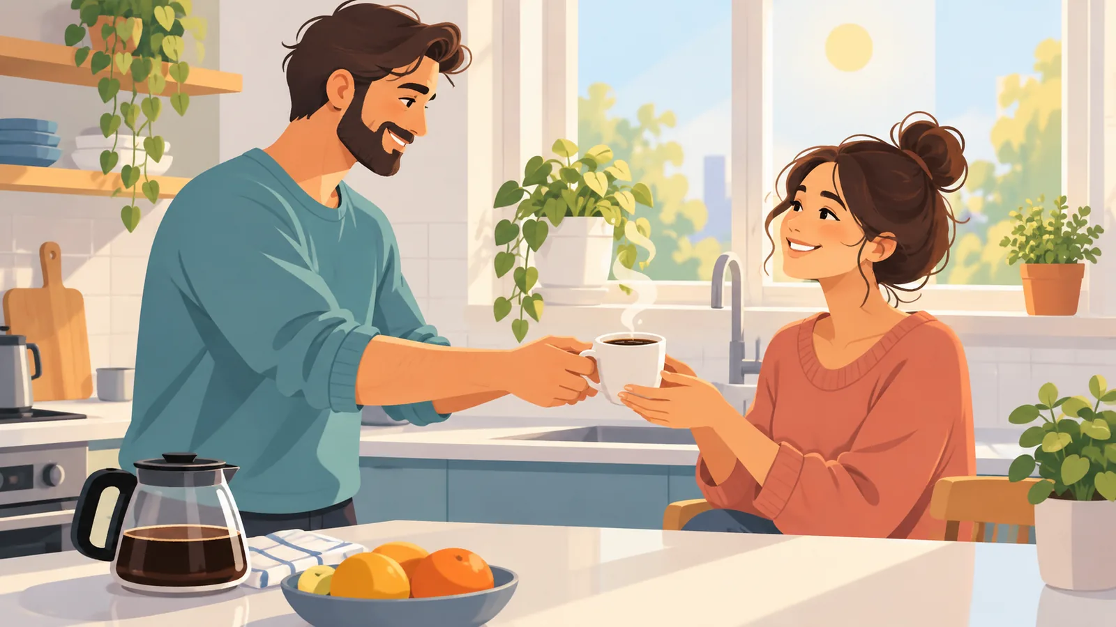 Uomo che porta un caffè alla partner con un piccolo gesto di cura