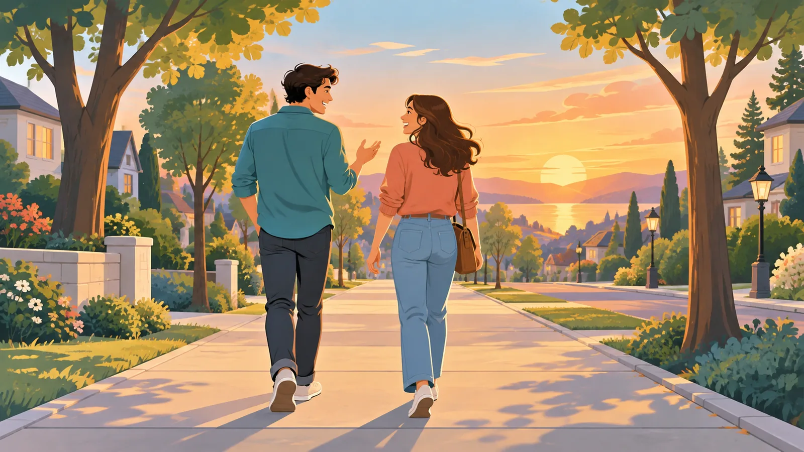 Coppia che passeggia e chiacchiera al tramonto