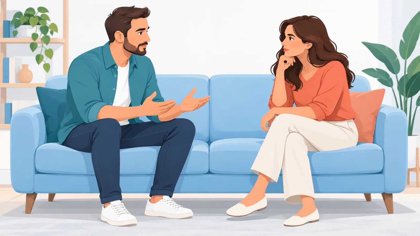 Due persone che discutono con calma seduti sul divano