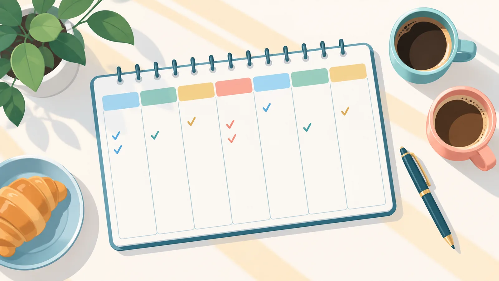 Agenda settimanale con una penna e due tazze sul tavolo della cucina