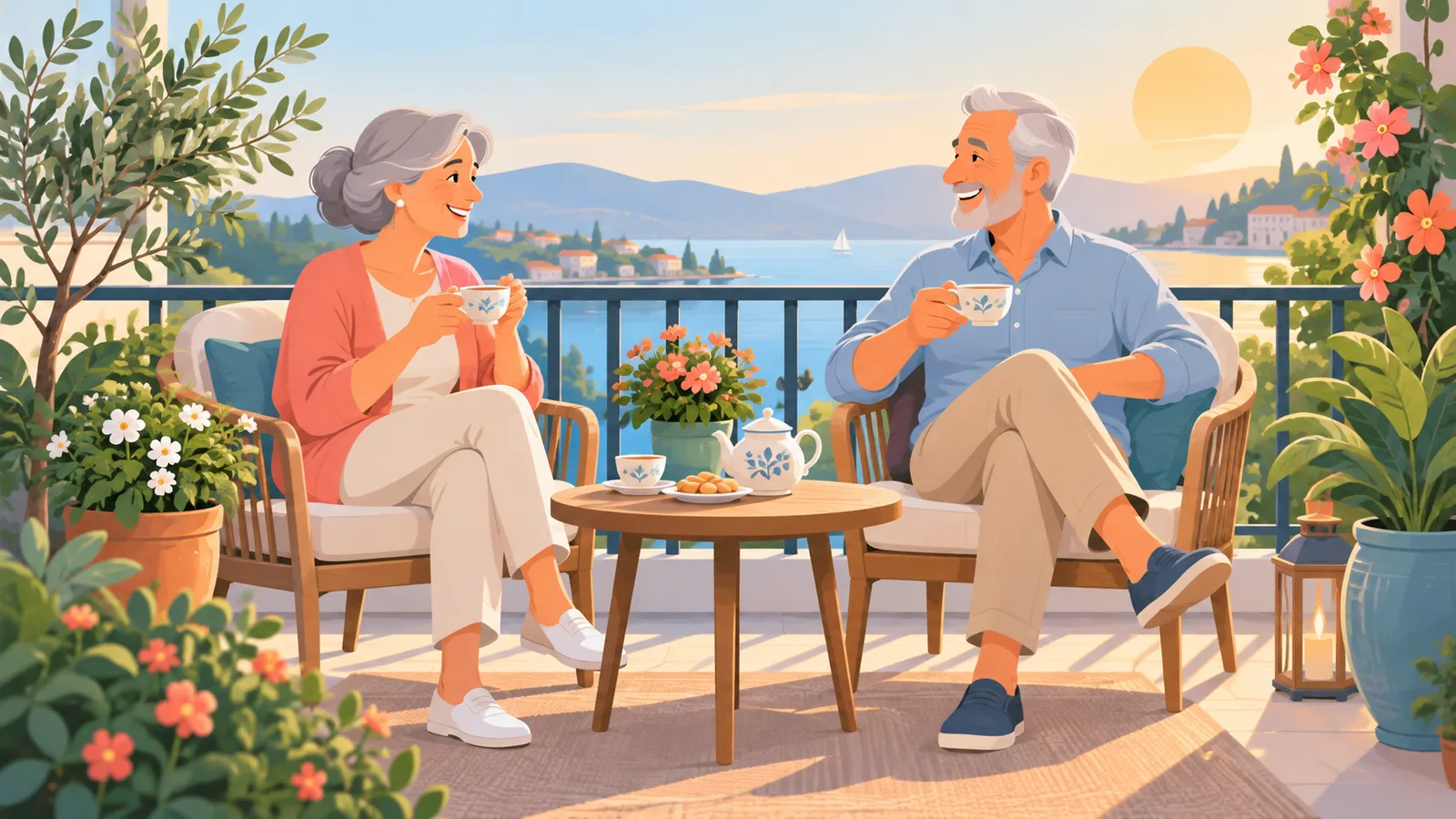 Coppia matura che chiacchiera sul balcone con una tazza di tè