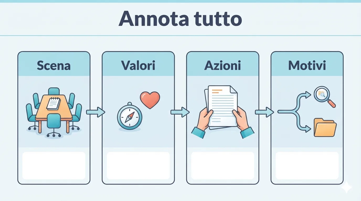 Una scheda in quattro passaggi collega situazione, priorità personali, comportamento e possibili spiegazioni a