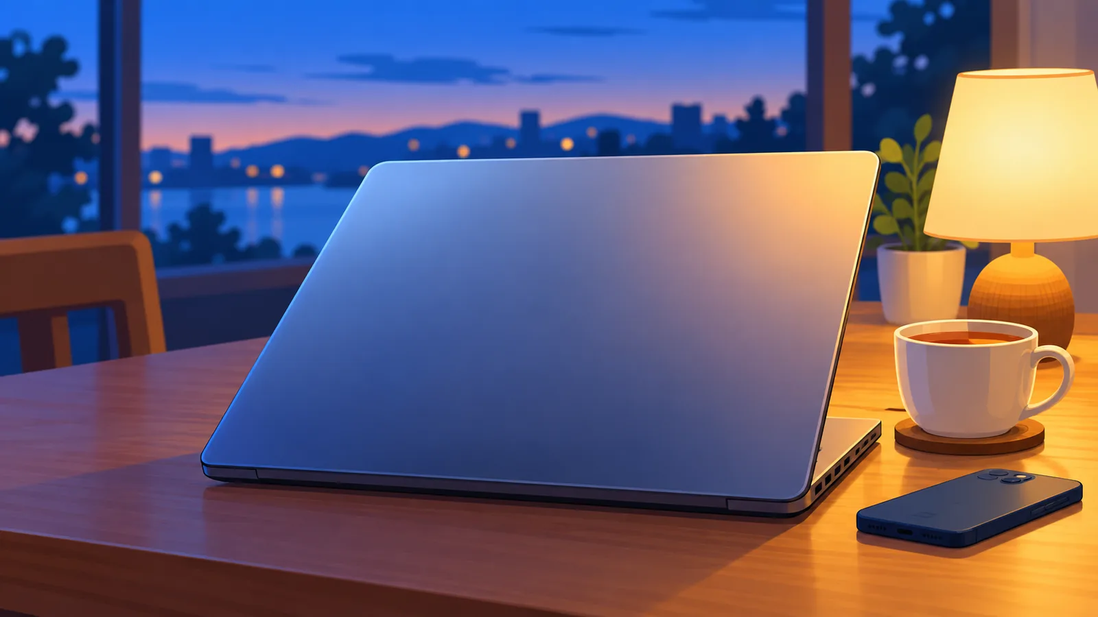 Laptop chiuso su un tavolo di casa la sera, con una tazza e una luce calda