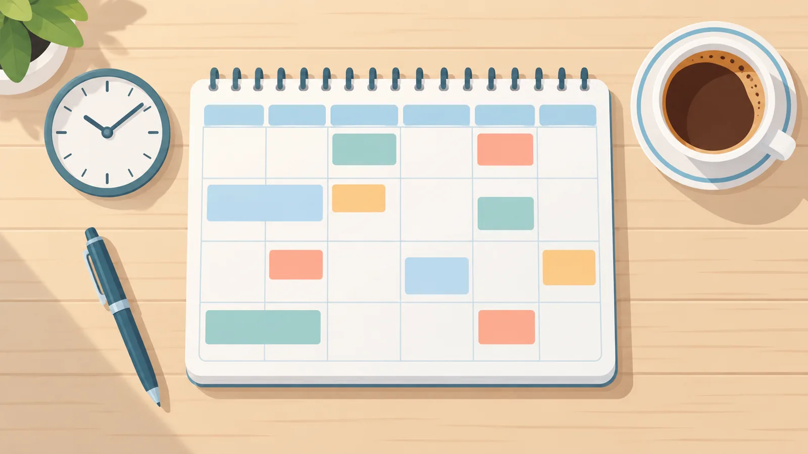 Planner con orologio e penna su un tavolo