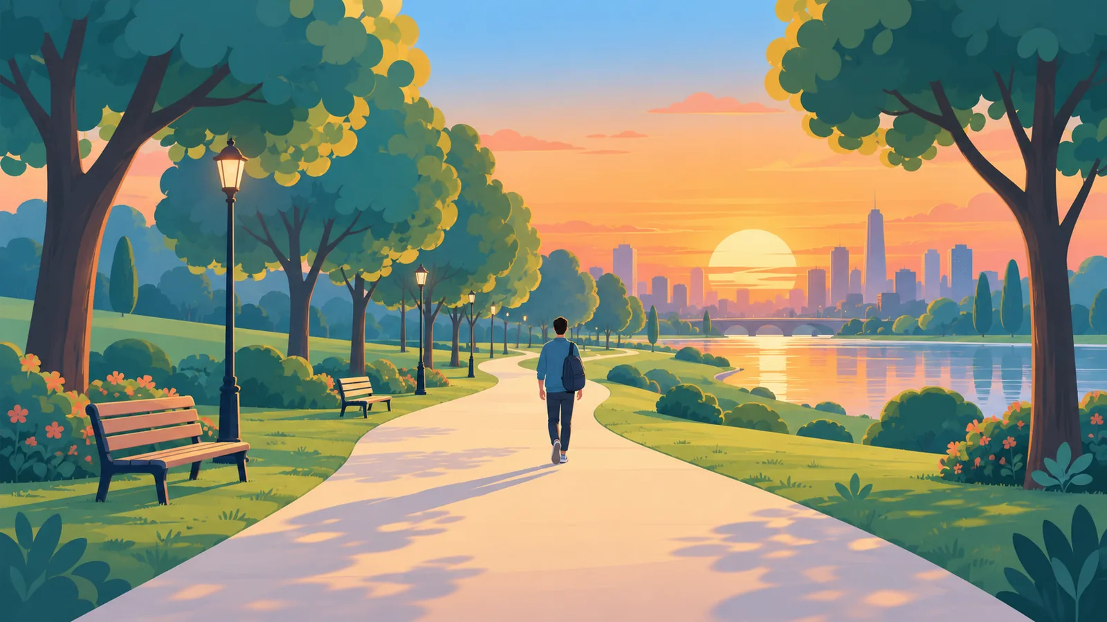 Camminata nel parco al tramonto dopo il lavoro