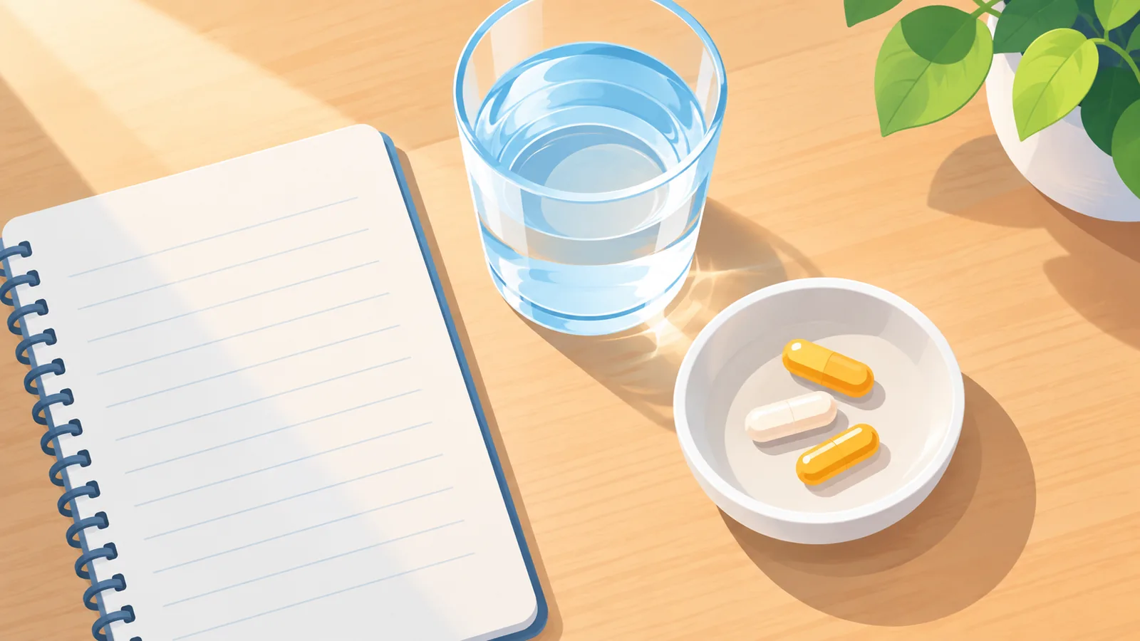 Tavolo in legno ordinato con quaderno, bicchiere d'acqua e poche capsule