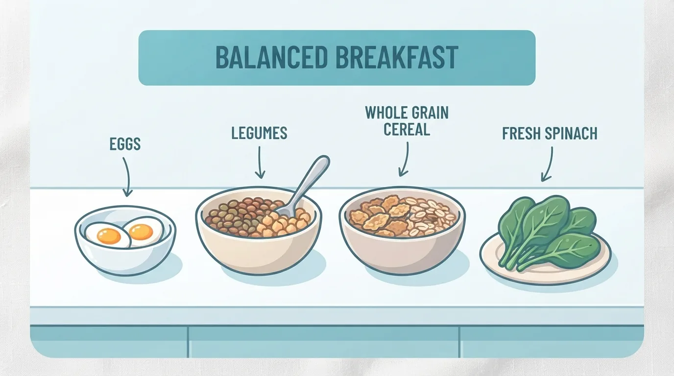 Colazione con uova, legumi, cereali integrali e spinaci ricchi di vitamine del gruppo B
