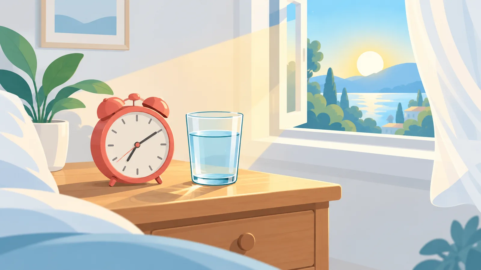 Sveglia e tazza sul comodino la mattina