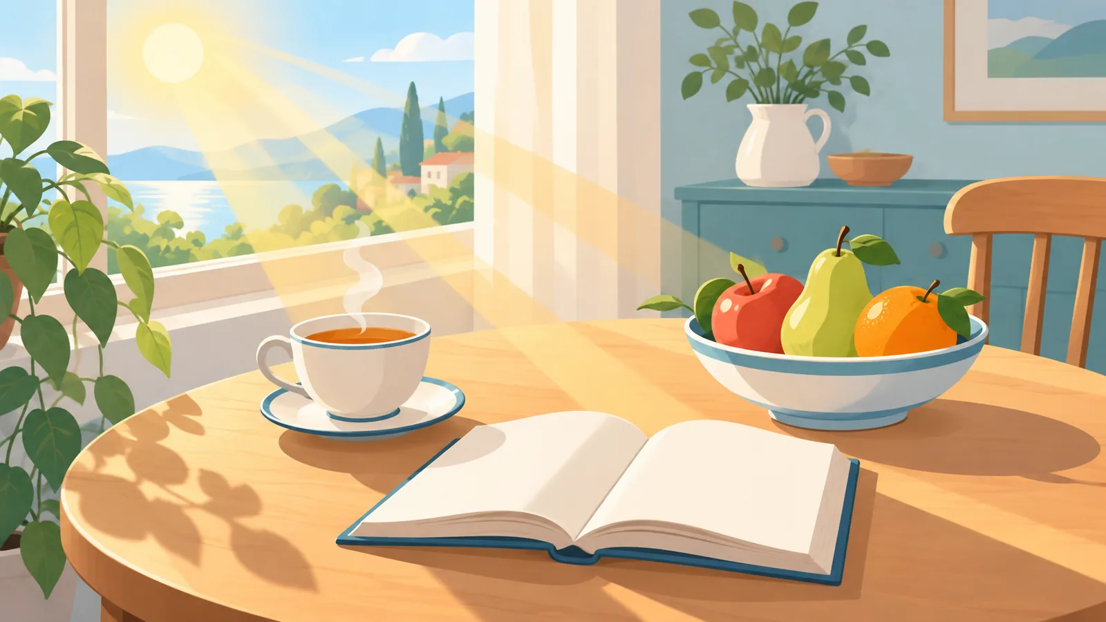 Tazza di tè e libro aperto sul tavolo della colazione