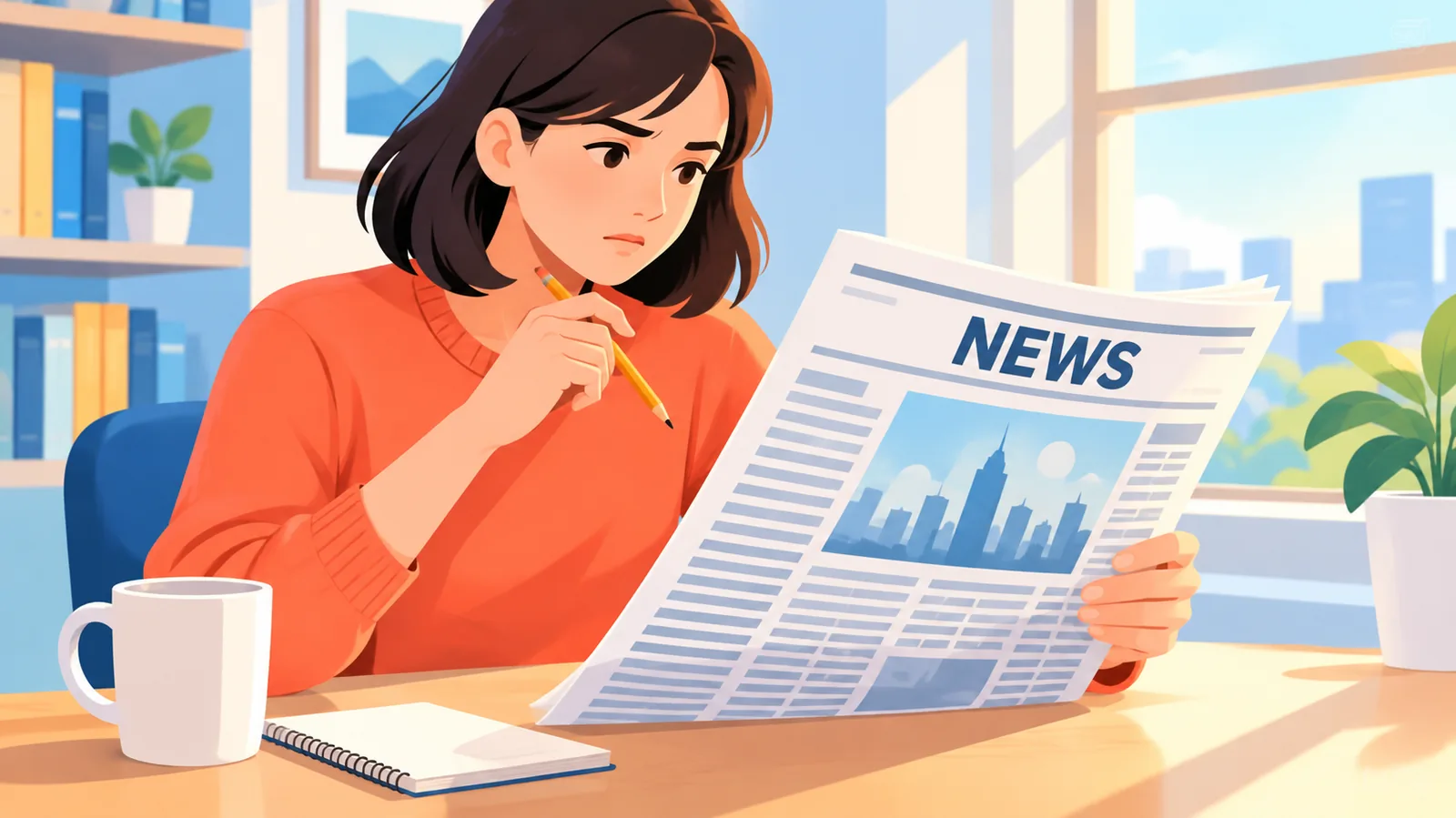 Redattore che legge la prima pagina di un giornale con una matita
