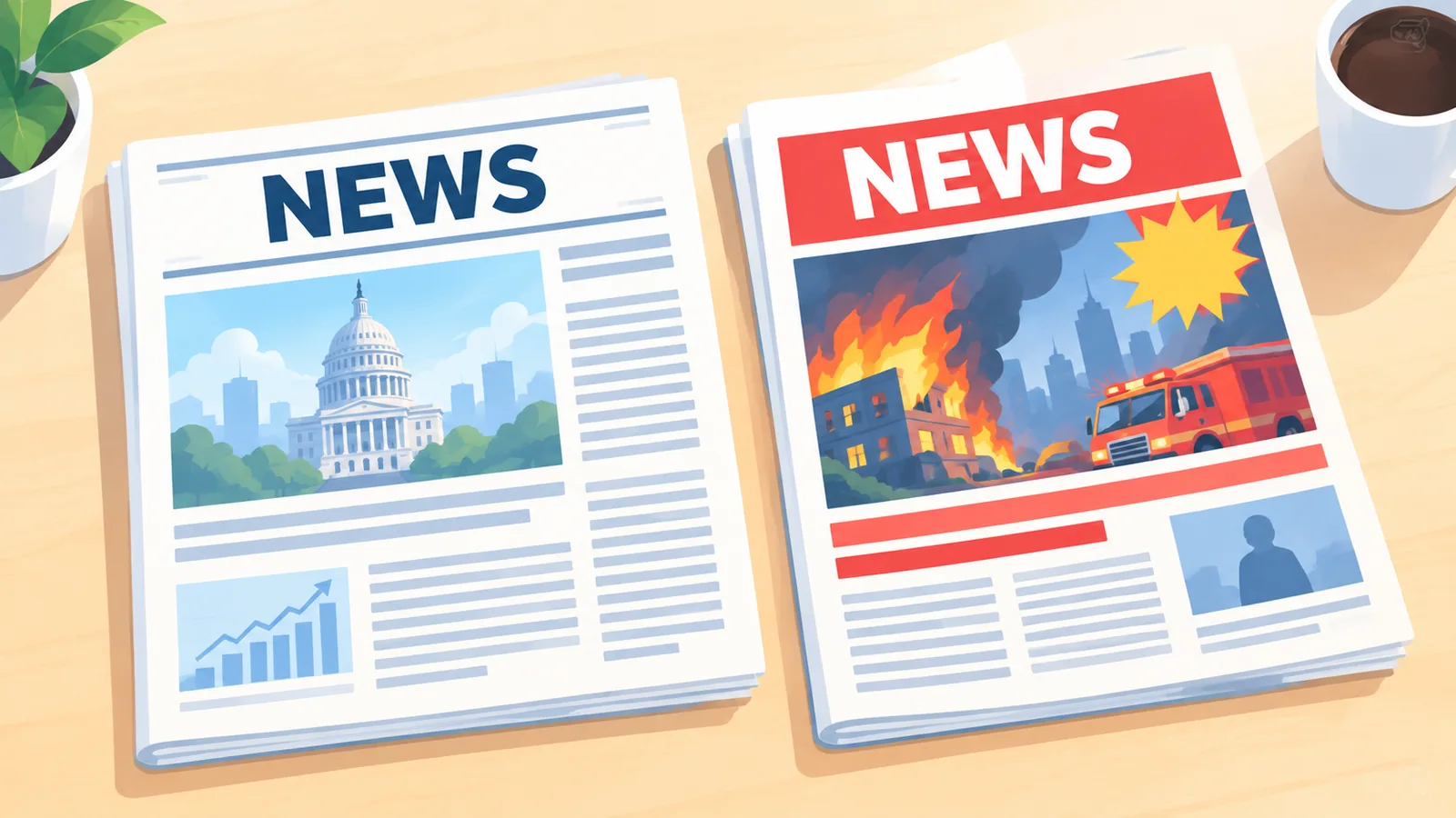 Due prime pagine di giornale a confronto, una sobria e una sensazionalistica