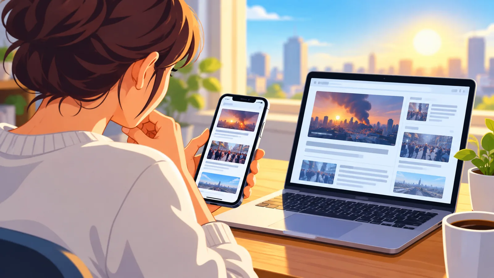 Persona che confronta le notizie su smartphone e computer portatile