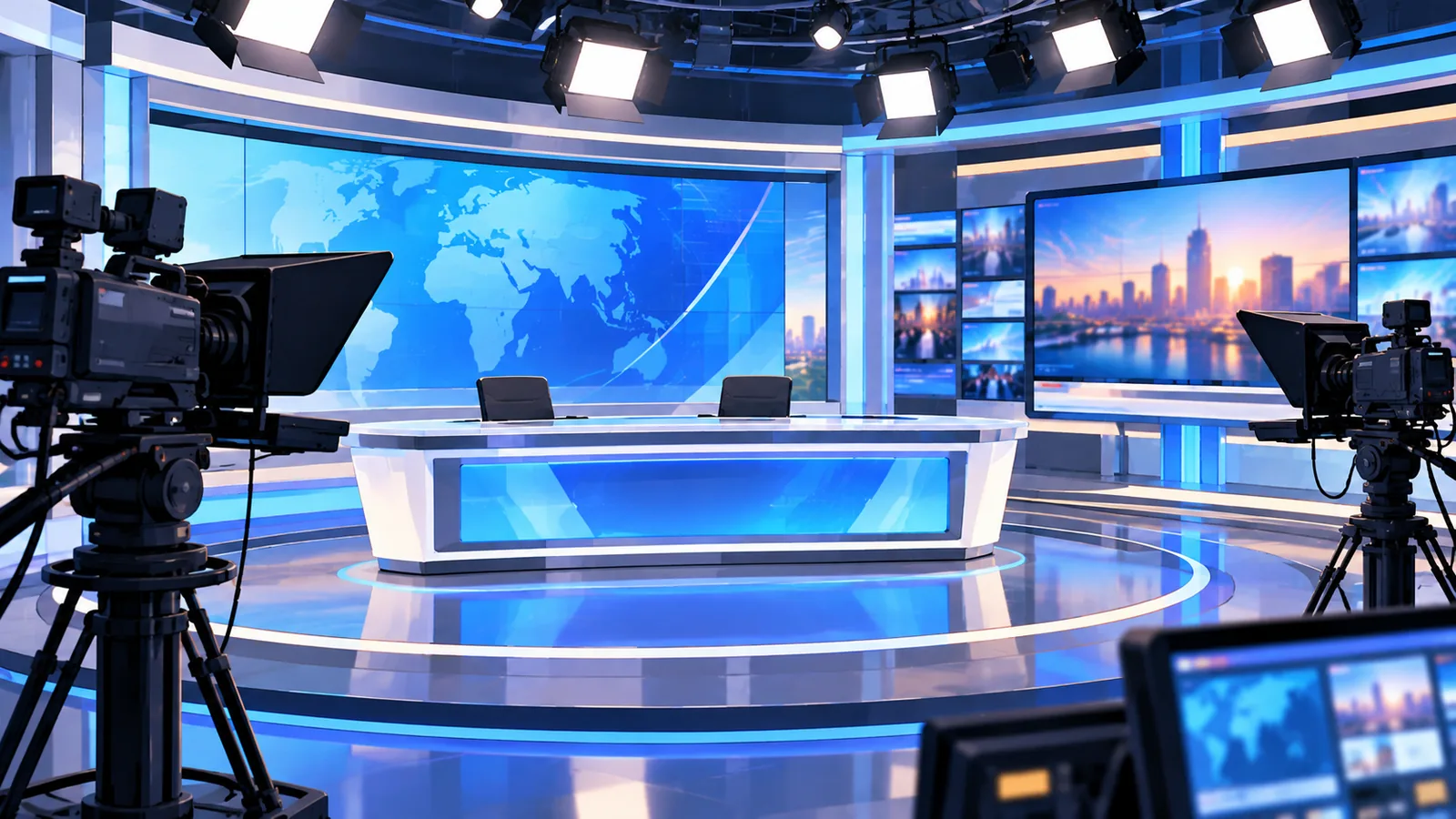 Studio televisivo con schermi e telecamere