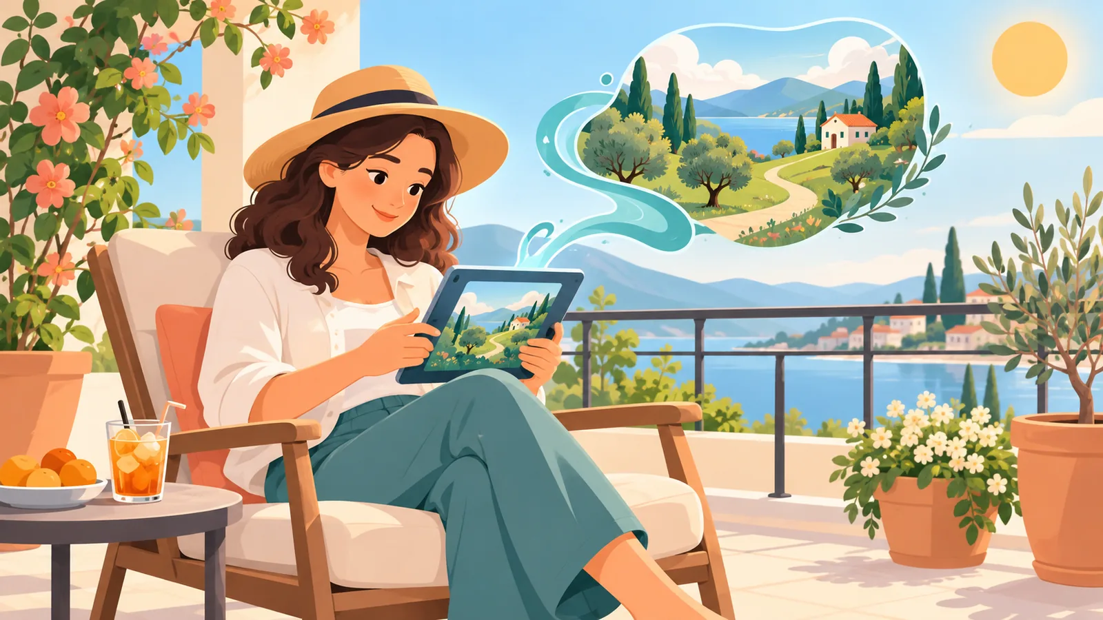 Persona che legge un racconto sul tablet in terrazza