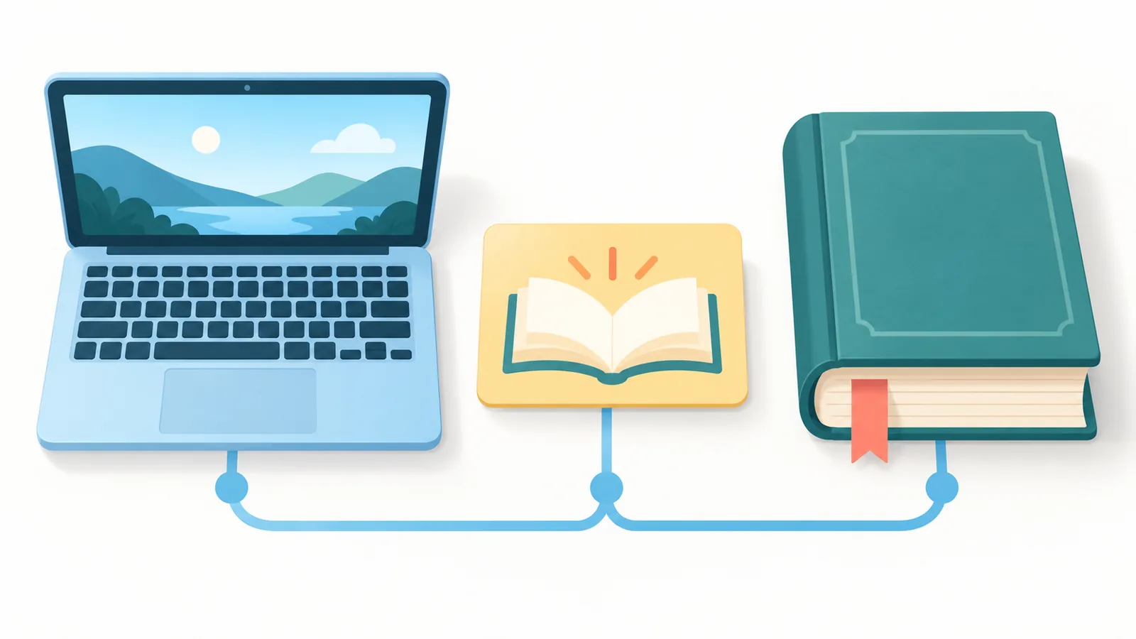 Computer, tessera di biblioteca e libro a confronto