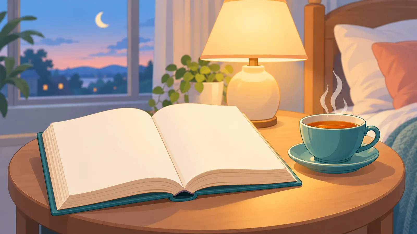 Libro aperto sul comodino con una tazza di tè fumante