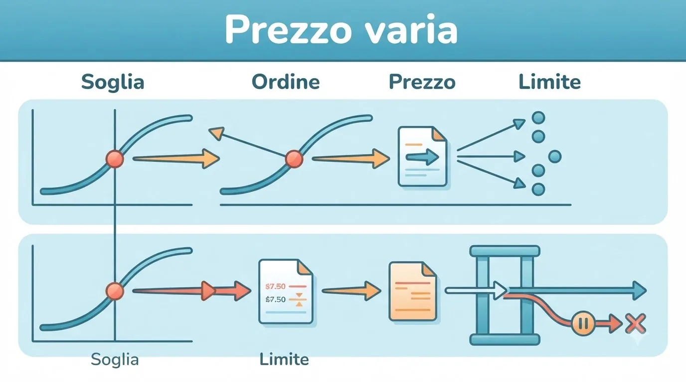 Dopo l'attivazione, lo stop diventa un ordine a mercato; lo stop con limite impone un prezzo ma può restare in
